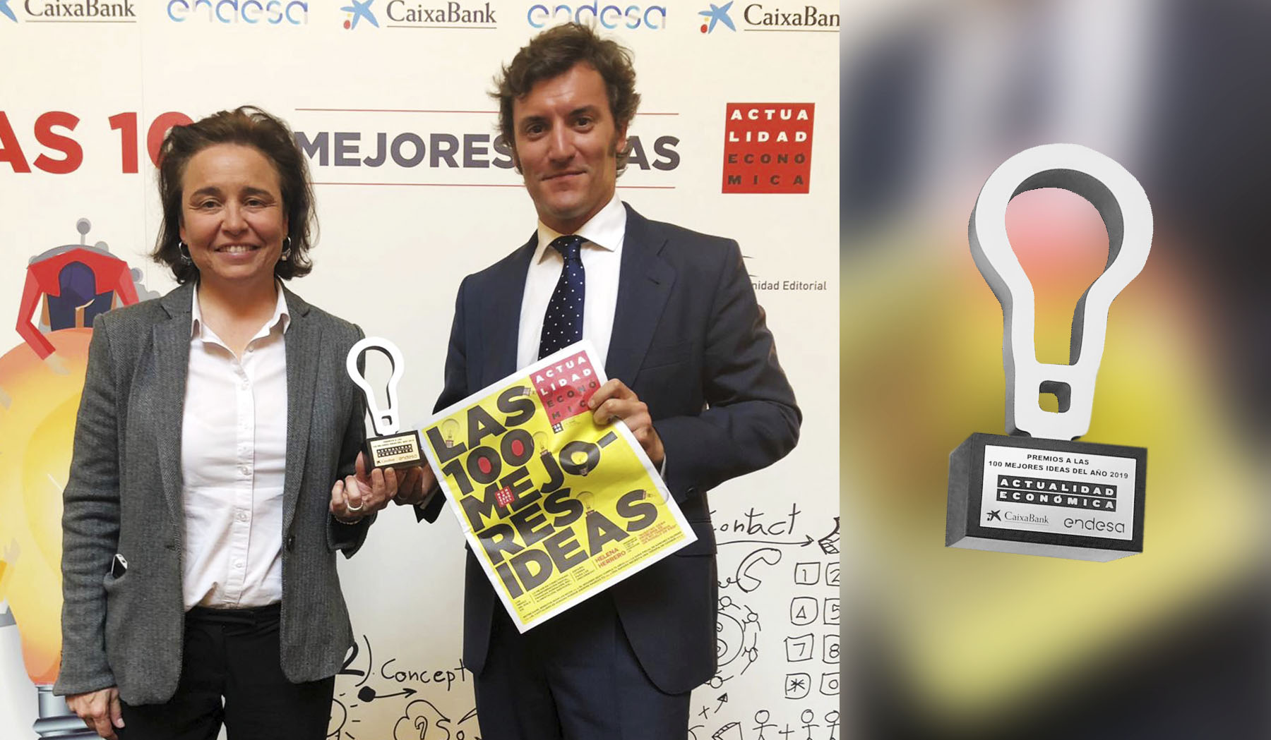 Mariví, co-fundadora y directora de operaciones de Amazing, junto con Joaquín Otamendi, director corporativo de Amazing con el premio